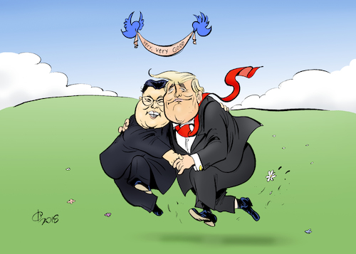 Cartoon: Jedem Anfang... (medium) by Paolo Calleri tagged singapur,usa,nordkorea,praesident,us,donald,trump,kim,jong,un,treffen,gespraeche,vereinbarung,entnuklearisierung,sicherheit,sicherheitsgarantien,historisch,karikatur,cartoon,paolo,calleri,singapur,usa,nordkorea,praesident,us,donald,trump,kim,jong,un,treffen,gespraeche,vereinbarung,entnuklearisierung,sicherheit,sicherheitsgarantien,historisch,karikatur,cartoon,paolo,calleri