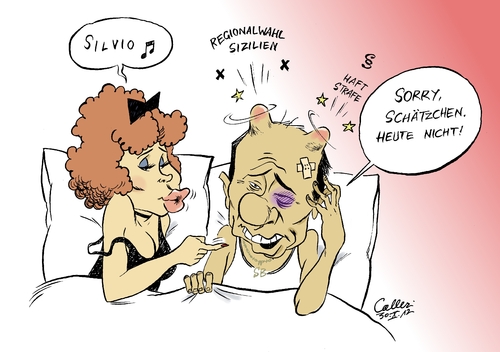 Cartoon: Kopfschmerzen (medium) by Paolo Calleri tagged italien,sizilien,regionalwahl,gouverneurswahlen,berlusconi,pdl,hochburg,kopfschmerzen,schlappe,bunga,stimmenverluste,niederlage,haftstrafe,gericht,italien,sizilien,regionalwahl,gouverneurswahlen,berlusconi,pdl,hochburg,kopfschmerzen,schlappe,bunga,stimmenverluste,niederlage,haftstrafe,gericht