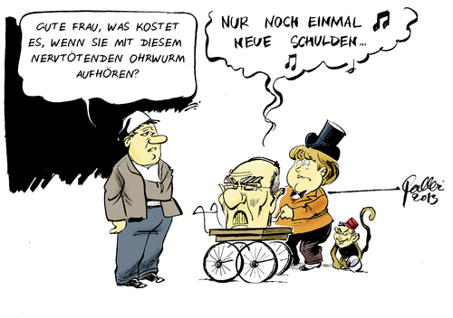 Cartoon: Leier (medium) by Paolo Calleri tagged bundestagswahl,bundesfinanzminister,schäuble,wolfgang,etat,haushalt,entwurf,bundeskabinett,bundesregierung,bund,wahlkampf,karikatur,paolo,calleri,bund,bundesregierung,bundeskabinett,entwurf,haushalt,etat,wolfgang,schäuble,bundesfinanzminister