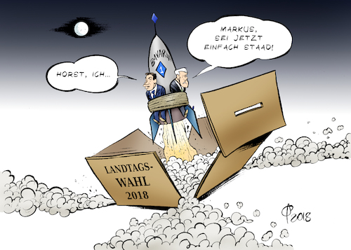 Cartoon: Lift-off (medium) by Paolo Calleri tagged deutschland,bayern,parteien,csu,ministerpraesident,markus,soeder,bundesinnenminister,parteivorsitzender,horst,seehofer,umfragen,wahlen,landtagswahl,ergebnis,absolute,mehrheit,bavaria,one,raumfahrt,waehler,karikatur,cartoon,paolo,calleri,deutschland,bayern,parteien,csu,ministerpraesident,markus,soeder,bundesinnenminister,parteivorsitzender,horst,seehofer,umfragen,wahlen,landtagswahl,ergebnis,absolute,mehrheit,bavaria,one,raumfahrt,waehler,karikatur,cartoon,paolo,calleri