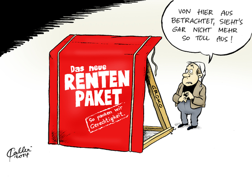 Cartoon: Mogelpaket (medium) by Paolo Calleri tagged deutschland,bundesregierung,groko,große,koalition,renten,rentenversicherung,rentenpaket,bundesarbeitsministerin,bundessozialministerin,andrea,nahles,rentner,beiträge,leistungen,jung,alt,beitragssatz,rentenniveau,mütterrente,karikatur,cartoon,paolo,calleri,deutschland,bundesregierung,groko,große,koalition,renten,rentenversicherung,rentenpaket,bundesarbeitsministerin,bundessozialministerin,andrea,nahles,rentner,beiträge,leistungen,jung,alt,beitragssatz,rentenniveau,mütterrente,karikatur,cartoon,paolo,calleri