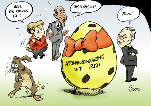 Cartoon: Osterüberraschung (medium) by Paolo Calleri tagged schweiz,lausanne,atomabkommen,uran,zentrifugen,deutschland,eu,usa,iran,urananreicherung,israel,benjamin,netanjahu,barack,obama,angela,merkel,kritik,atombombe,sanktionen,atomprogramm,ostern,2015,karikatur,cartoon,paolo,calleri,schweiz,lausanne,atomabkommen,uran,zentrifugen,deutschland,eu,usa,iran,urananreicherung,israel,benjamin,netanjahu,barack,obama,angela,merkel,kritik,atombombe,sanktionen,atomprogramm,ostern,2015,karikatur,cartoon,paolo,calleri