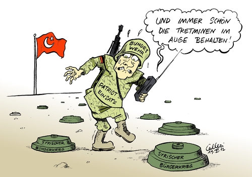 Cartoon: Patrioteinsatz (medium) by Paolo Calleri tagged krieg,bündnispartner,opposition,bundesregierung,raketensystem,patriot,typ,luftabwehr,flugabwehrraketen,einsatz,mission,bündnisfall,nato,syrien,türkei,deutschland,bundeswehr,konflikt,bundeswehr,deutschland,türkei,syrien,nato,bündnisfall,mission,einsatz,flugabwehrraketen,luftabwehr,typ,patriot,raketensystem,bundesregierung,opposition,bündnispartner