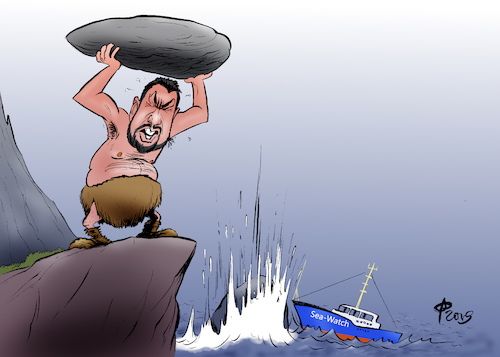 Cartoon: Polinfam (medium) by Paolo Calleri tagged eu,italien,matteo,salvini,seenot,fluechtlinge,seenotrettung,mittelmeer,sea,watch,kapitaenin,hafen,lampedusa,klagen,strafen,justiz,humanitaet,odysseus,zyklop,polyphem,karikatur,cartoon,paolo,calleri,eu,italien,matteo,salvini,seenot,fluechtlinge,seenotrettung,mittelmeer,sea,watch,kapitaenin,hafen,lampedusa,klagen,strafen,justiz,humanitaet,odysseus,zyklop,polyphem,karikatur,cartoon,paolo,calleri