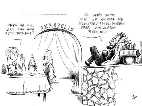 Cartoon: Quittung (medium) by Paolo Calleri tagged greece,griechenland,deutschland,klischee,populismus,sparmassnahmen,renteneintritt,urlaub,fleiss,finanzhilfe,schulden,eu,merkel,angela,bundeskanzlerin