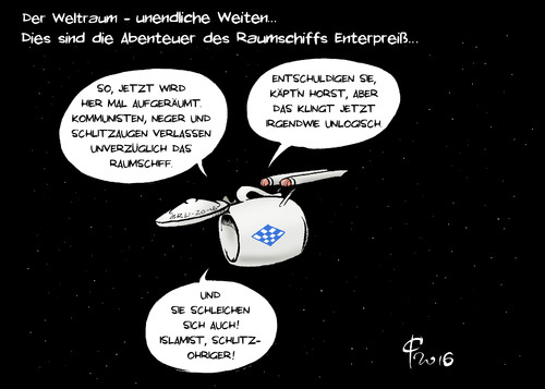 Cartoon: Raumschiff Enterpreiß (medium) by Paolo Calleri tagged star,trek,jubilaeum,tv,film,science,fiction,weltall,weltraum,enterprise,raumschiff,deutschland,europa,fluechtlingspolitik,bayern,csu,ministerpraesident,horst,zuwanderung,wandel,zukunft,gesellschaft,muslime,staatsbuerger,migranten,populismus,wahlen,rechte,aengste,multikulti,karikatur,cartoon,paolo,calleri,star,trek,jubilaeum,tv,film,science,fiction,weltall,weltraum,enterprise,raumschiff,deutschland,europa,fluechtlingspolitik,bayern,csu,ministerpraesident,horst,zuwanderung,wandel,zukunft,gesellschaft,muslime,staatsbuerger,migranten,populismus,wahlen,rechte,aengste,multikulti,karikatur,cartoon,paolo,calleri