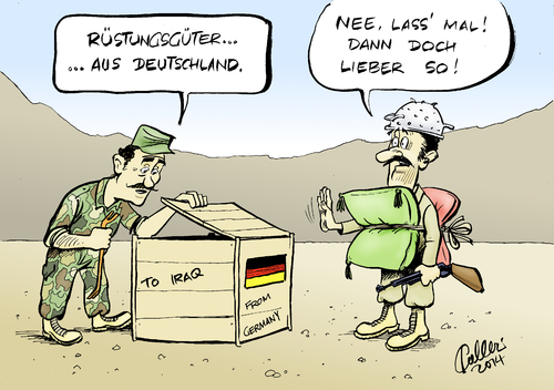 Cartoon: Rüstungsgüter (medium) by Paolo Calleri tagged deutschland,irak,nordirak,kurden,peschmerga,terrormilizen,is,isis,kaempfer,ruestungsgueter,waffen,lieferungen,schutzwesten,nachtsichtgeraete,schutz,karikatur,cartoon,paolo,calleri,deutschland,irak,nordirak,kurden,peschmerga,terrormilizen,is,isis,kaempfer,ruestungsgueter,waffen,lieferungen,schutzwesten,nachtsichtgeraete,schutz,karikatur,cartoon,paolo,calleri