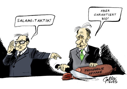 Cartoon: Salami-Taktik (medium) by Paolo Calleri tagged bündnis,90,die,grünen,pädophilie,affäre,debatte,jürgen,trittin,sexueller,missbrauch,aufarbeitung,politologen,kommunalwahlprogramm,straffreiheit,erwachsene,kinder,enthüllung,wahlkampf,cdu,fdp,druck,generalsekretär,alexander,dobrindt,karikatur,paolo,calleri,bündnis,90,die,grünen,pädophilie,affäre,debatte,jürgen,trittin,sexueller,missbrauch,aufarbeitung,politologen,kommunalwahlprogramm,straffreiheit,erwachsene,kinder,enthüllung,wahlkampf,cdu,fdp,druck,generalsekretär,alexander,dobrindt,karikatur,paolo,calleri