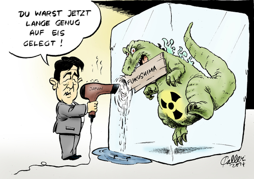 Cartoon: Schmelze (medium) by Paolo Calleri tagged japan,fukushima,katastrophe,energieplan,wiedereinstieg,kernkraft,atom,energiebedarf,regierung,ministerpräsident,shinzo,abe,liberaldemokraten,godzilla,karikatur,cartoon,paolo,calleri,japan,fukushima,katastrophe,energieplan,wiedereinstieg,kernkraft,atom,energiebedarf,regierung,ministerpräsident,shinzo,abe,liberaldemokraten,godzilla,karikatur,cartoon,paolo,calleri