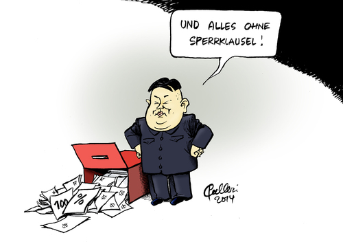 Cartoon: Un-prätentiös (medium) by Paolo Calleri tagged nordkorea,pjöngjang,wahl,machthaber,kim,jong,un,oberste,volksversammlung,partei,eu,deutschland,bundestagswahl,europawahl,sperrklausel,drei,fünf,prozent,hürde,zugangshürde,karikatur,cartoon,paolo,calleri,nordkorea,pjöngjang,wahl,machthaber,kim,jong,un,oberste,volksversammlung,partei,eu,deutschland,bundestagswahl,europawahl,sperrklausel,drei,fünf,prozent,hürde,zugangshürde,karikatur,cartoon,paolo,calleri