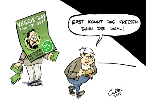 Cartoon: Veggie-Day (medium) by Paolo Calleri tagged deutschland,bundestagswahl,2013,wahlkampf,bündnis,90,die,grünen,veggie,day,kantinen,debatte,fleischloser,tag,umfragen,fleischkonsum,ernährung,lebensmittel,nahrung,gemüse,fleisch,bertolt,brecht,dreigroschenoper,karikatur,paolo,calleri,deutschland,bundestagswahl,2013,wahlkampf,bündnis,90,die,grünen,veggie,day,kantinen,debatte,fleischloser,tag,umfragen,fleischkonsum,ernährung,lebensmittel,nahrung,gemüse,fleisch,bertolt,brecht,dreigroschenoper,karikatur,paolo,calleri