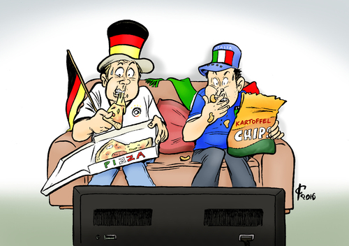 Cartoon: Zum Fressen gern (medium) by Paolo Calleri tagged frankreich,em,2016,europa,europameisterschaft,fussball,uefa,italien,deutschland,viertelfinale,klassiker,pizza,kartoffeln,spannung,respekt,gegner,angstgegner,lieblingsgegner,karikatur,cartoon,paolo,calleri,frankreich,em,2016,europa,europameisterschaft,fussball,uefa,italien,deutschland,viertelfinale,klassiker,pizza,kartoffeln,spannung,respekt,gegner,angstgegner,lieblingsgegner,karikatur,cartoon,paolo,calleri