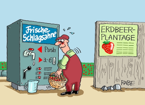 Cartoon: Aber bitte mit Sahne (medium) by RABE tagged erdbeeren,erdbeerfeld,erdbeerplantage,erdbeerernte,rabe,ralf,böhme,cartoon,karikatur,pressezeichnung,farbcartoon,tagescartoon,schlagsahne,sahne,automat,erdbeeren,erdbeerfeld,erdbeerplantage,erdbeerernte,rabe,ralf,böhme,cartoon,karikatur,pressezeichnung,farbcartoon,tagescartoon,schlagsahne,sahne,automat