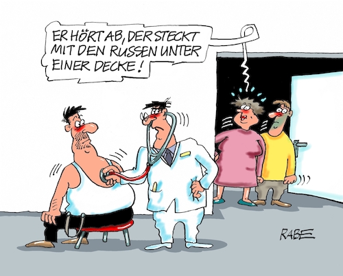 Cartoon: Abhörpraxis offen (medium) by RABE tagged bundeswehr,pistorius,kriegstüchtigkeit,deutschland,armee,cartoon,karikatur,pressezeichnung,farbcartoon,tagescartoon,kriegsführung,hölle,teufel,fegefeuer,feuer,flamme,kessel,spieß,verteidigungsministerium,luftwaffe,abhöraffäre,abhörskandal,russland,ukraine,marschflugkörper,generäle,luftwaffengeneräle,spionage,geheiminformationen,geheimdienste,spionageaffäre,arzt,patient,arztpraxis,stetoskop,bundeswehr,pistorius,kriegstüchtigkeit,deutschland,armee,cartoon,karikatur,pressezeichnung,farbcartoon,tagescartoon,kriegsführung,hölle,teufel,fegefeuer,feuer,flamme,kessel,spieß,verteidigungsministerium,luftwaffe,abhöraffäre,abhörskandal,russland,ukraine,marschflugkörper,generäle,luftwaffengeneräle,spionage,geheiminformationen,geheimdienste,spionageaffäre,arzt,patient,arztpraxis,stetoskop