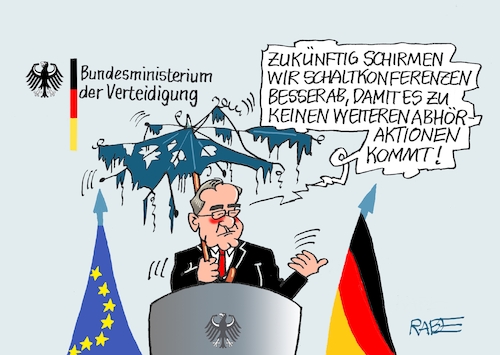 Cartoon: Abschirmdienst (medium) by RABE tagged bundeswehr,pistorius,kriegstüchtigkeit,deutschland,armee,cartoon,karikatur,pressezeichnung,farbcartoon,tagescartoon,kriegsführung,hölle,teufel,fegefeuer,abhörskandal,leak,abhöraffäre,generäle,luftwaffe,tauruslieferung,ukraine,handy,abschirmung,konferenz,schirm,speichen,pressekonferenz,löcher,stofffetzen,spionage,geheimdienste,russe,spion,militärgeheimnis,bundeswehr,pistorius,kriegstüchtigkeit,deutschland,armee,cartoon,karikatur,pressezeichnung,farbcartoon,tagescartoon,kriegsführung,hölle,teufel,fegefeuer,abhörskandal,leak,abhöraffäre,generäle,luftwaffe,tauruslieferung,ukraine,handy,abschirmung,konferenz,schirm,speichen,pressekonferenz,löcher,stofffetzen,spionage,geheimdienste,russe,spion,militärgeheimnis