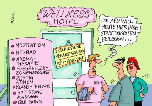 Cartoon: AfD Konvent Kassel (medium) by RABE tagged afd,konvent,kassel,streitigkeiten,petry,parteiquerelen,rabe,ralf,böhme,cartoon,karikatur,pressezeichnung,farbcartoon,tagescartoon,wellnesshotel,wellness,yoga,massagen,afd,konvent,kassel,streitigkeiten,petry,parteiquerelen,rabe,ralf,böhme,cartoon,karikatur,pressezeichnung,farbcartoon,tagescartoon,wellnesshotel,wellness,yoga,massagen