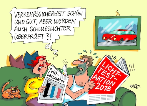 Cartoon: Aktion Lichtest (medium) by RABE tagged licht,aktion,lichttest,autofahrer,verkehrsteilnehmer,sehen,scheinwerfer,pkw,herbst,nebel,polizei,kontrollen,beleuchtung,rabe,ralf,böhme,cartoon,karikatur,pressezeichnung,farabcartoon,tagescartoon,dunkelheit,versicherungen,wild,wildwechsel,werkstätten,autowerkstätten,verkehrswacht,test,schulwegsicherheit,schlußlicht,nebelscheinwerfer,spd,union,csu,cdu,umfrage,plitbarometer,landtagswahlen,bayern,hessen,licht,aktion,lichttest,autofahrer,verkehrsteilnehmer,sehen,scheinwerfer,pkw,herbst,nebel,polizei,kontrollen,beleuchtung,rabe,ralf,böhme,cartoon,karikatur,pressezeichnung,farabcartoon,tagescartoon,dunkelheit,versicherungen,wild,wildwechsel,werkstätten,autowerkstätten,verkehrswacht,test,schulwegsicherheit,schlußlicht,nebelscheinwerfer,spd,union,csu,cdu,umfrage,plitbarometer,landtagswahlen,bayern,hessen