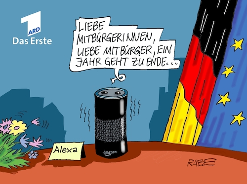 Cartoon: Alexa Silvester (medium) by RABE tagged silvester,neujahr,jahresbeginn,prosit,rutsch,feuerwerk,böller,neujahrsansprache,silvesteransprache,rabe,ralf,böhme,cartoon,karikatur,pressezeichnung,farbcartoon,tagescartoon,tv,rede,alexa,amazon,silvester,neujahr,jahresbeginn,prosit,rutsch,feuerwerk,böller,neujahrsansprache,silvesteransprache,rabe,ralf,böhme,cartoon,karikatur,pressezeichnung,farbcartoon,tagescartoon,tv,rede,alexa,amazon