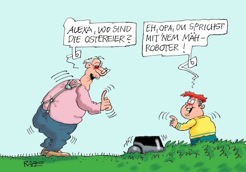 Cartoon: Alexa und Corona (medium) by RABE tagged virus,corona,pandemie,coronakrise,rabe,ralf,böhme,cartoon,karikatur,pressezeichnung,farbcartoon,tagescartoon,viren,virenschutz,mundschutz,desinfektion,föderal,föderalismus,ländersache,ostern,ostereier,osternester,osterhase,opa,enkel,ostereiersuche,ostereierversteck,rasen,rasenmäher,mähroboter,amazon,alexa,virus,corona,pandemie,coronakrise,rabe,ralf,böhme,cartoon,karikatur,pressezeichnung,farbcartoon,tagescartoon,viren,virenschutz,mundschutz,desinfektion,föderal,föderalismus,ländersache,ostern,ostereier,osternester,osterhase,opa,enkel,ostereiersuche,ostereierversteck,rasen,rasenmäher,mähroboter,amazon,alexa