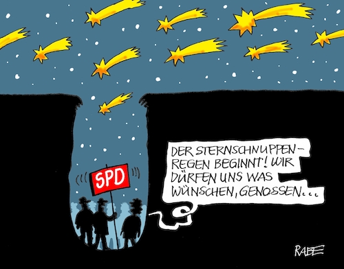 Cartoon: Alles Schnuppe (medium) by RABE tagged spd,kevin,kühnert,bmw,kollektivierung,rabe,ralf,böhme,cartoon,karikatur,pressezeichnung,farbcartoon,tagescartoon,ochs,esel,bayern,rad,sozialismus,planwirtschaft,honecker,ddr,sed,nahles,rücktritt,scholz,krise,doppelspitze,bewerbungen,generalsekretär,genossen,grube,sterne,sternschnuppern,perseiden,perseidenregen,wünsche,dreyer,linke,kandidaten,spd,kevin,kühnert,bmw,kollektivierung,rabe,ralf,böhme,cartoon,karikatur,pressezeichnung,farbcartoon,tagescartoon,ochs,esel,bayern,rad,sozialismus,planwirtschaft,honecker,ddr,sed,nahles,rücktritt,scholz,krise,doppelspitze,bewerbungen,generalsekretär,genossen,grube,sterne,sternschnuppern,perseiden,perseidenregen,wünsche,dreyer,linke,kandidaten