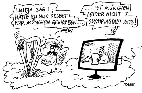 Cartoon: Aloisius Positiv (medium) by RABE tagged olympiabewerbung,münchen,durban,winterspiele,bayern,aloisius,harfe,witt,wulff,bundespräsident,cdu,franz,beckenbauer,eiskunstlauf,wintersport,fußball,olympiastadt,wolke,himmel,luhja,tv,nachrichten,news,ioc,winterspiele,wintersport,olympiabewerbung,ioc,durban,bundespräsident,wulff,beckenbauer,sport,münchen