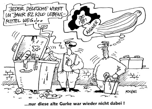 Cartoon: Alte Gurke (medium) by RABE tagged aigner,csu,verbraucherschutz,verbraucherschutzministerin,lebensmittel,wegwerfen,müll,abfall,biotonne,gurke,kilo,bundesbürger,tonne,untersuchung,studiewaren,verschwendung,hunger,hungersnot,bewusstseinswandel,wertschätzung,bundesregierung,aigner,csu,verbraucherschützer,bundesregierung,lebensmittel