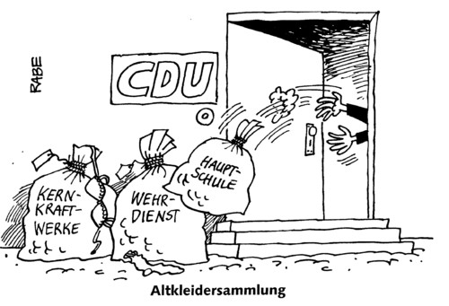 Cartoon: Altkleidersammlung (medium) by RABE tagged altkleidersammlung,lumpen,bundesregierung,kanzlerin,merkel,cdu,koalition,schwarzgelb,kernkraftwerke,atomausstieg,kernkraft,moratorium,atomlobby,abschalten,umweltminister,röttgen,bundeswehr,wehrdienst,wehrpflicht,kaserne,freiwillige,soldaten,armee,hauptschule,regelschule,schulabschluß,lehrer,schüler,gymnasium,pisastudie,klaassenzimmer,schulklassen,unterricht,müll,klamotten,kleider,schuhe,jacken,altkleiderconteiner,altkleidersammlung,altkleidercontainer,kleider,klamotten,müll,lumpen,lumpenball,bundesregierung,kanzlerin,merkel,umweltminister,röttgen,kernkraft,kernkraftwerk