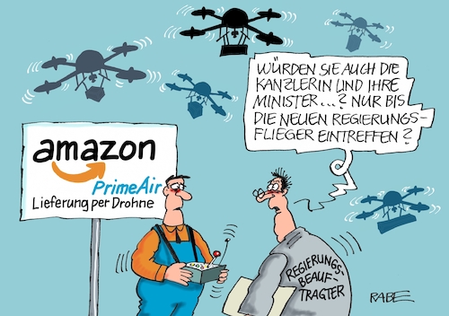 Cartoon: amazon prime air (medium) by RABE tagged regierungsflieger,bundesregierung,abgeordnete,flughafen,rabe,ralf,böhme,caroon,karikatur,pressezeichnung,farbcartoon,tagescartoon,regierungsmaschinen,defekt,notlandung,merkel,minister,regierungsflüge,amazon,bestellservice,drohne,bestellungen,transport,tests,regierungsflieger,bundesregierung,abgeordnete,flughafen,rabe,ralf,böhme,caroon,karikatur,pressezeichnung,farbcartoon,tagescartoon,regierungsmaschinen,defekt,notlandung,merkel,minister,regierungsflüge,amazon,bestellservice,drohne,bestellungen,transport,tests