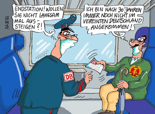 Cartoon: Angekommen (medium) by RABE tagged deutsche,einheit,wiedervereinigung,einheitsfeier,ost,west,ossi,wessi,maauerfall,rabe,ralf,böhme,cartoon,karikatur,pressezeichnung,farbcartoon,tagescartoon,corona,zug,schaffner,fahrschein,fahrkartenkontrolle,deutsche,einheit,wiedervereinigung,einheitsfeier,ost,west,ossi,wessi,maauerfall,rabe,ralf,böhme,cartoon,karikatur,pressezeichnung,farbcartoon,tagescartoon,corona,zug,schaffner,fahrschein,fahrkartenkontrolle