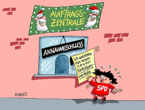 Cartoon: Annahmeschluß (medium) by RABE tagged groko,union,cdu,csu,spd,merkel,akk,berlin,bundesregierung,befragung,rabe,ralf,böhme,cartoon,karikatur,pressezeichnung,farbcartoon,tagescartoon,prügelei,halbzeit,halbzeitbilanz,doppelspitze,parteispitze,walter,borjans,esken,scholz,schulze,weihnachten,weihnachtsmann,nachbesserungen,auftragszentrale,wunschzettel,koalitionsvertrag,groko,union,cdu,csu,spd,merkel,akk,berlin,bundesregierung,befragung,rabe,ralf,böhme,cartoon,karikatur,pressezeichnung,farbcartoon,tagescartoon,prügelei,halbzeit,halbzeitbilanz,doppelspitze,parteispitze,walter,borjans,esken,scholz,schulze,weihnachten,weihnachtsmann,nachbesserungen,auftragszentrale,wunschzettel,koalitionsvertrag