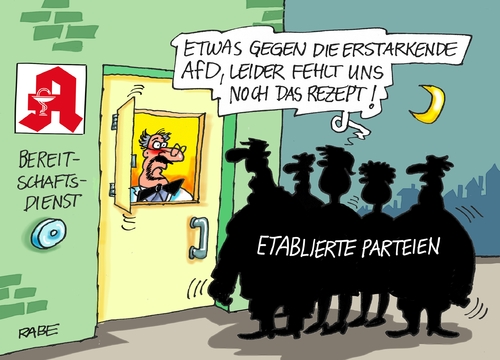 Cartoon: Apothekendienst (medium) by RABE tagged afd,parteien,apotheke,rezept,nachtdienst,bereitschaftsdienst,rabe,ralf,böhme,cartoon,karikatur,pressezeichnung,farbcartoon,tagescartoon,petry,höcke,rechtslastig,spd,cdu,merkel,afd,parteien,apotheke,rezept,nachtdienst,bereitschaftsdienst,ralf,böhme,cartoon,karikatur,pressezeichnung,farbcartoon,tagescartoon,petry,höcke,rechtslastig,spd,cdu,merkel,flüchtlingskrise