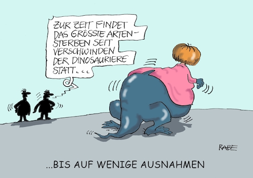 Cartoon: Artensterben II (medium) by RABE tagged klimawandel,umwelt,umweltministerin,schulze,sp,klimapreis,heizung,auto,rabe,ralf,böhme,cartoon,karikatur,pressezeichnung,farbcartoon,tagescartoon,brücke,bettler,verkehr,klimaprämie,friday,for,future,arten,artensterben,aussterben,tierarten,saurier,saurierverschwinden,merkel,kanzlerin,cdu,union,klimawandel,umwelt,umweltministerin,schulze,sp,klimapreis,heizung,auto,rabe,ralf,böhme,cartoon,karikatur,pressezeichnung,farbcartoon,tagescartoon,brücke,bettler,verkehr,klimaprämie,friday,for,future,arten,artensterben,aussterben,tierarten,saurier,saurierverschwinden,merkel,kanzlerin,cdu,union