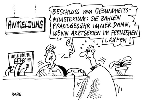 Cartoon: Arztserie (medium) by RABE tagged bundesregierung,gesundheitsminister,daniel,bahr,fdp,arzt,doktor,krankenkassen,zuzahlung,barmer,aok,patient,krankheit,schmerzen,beschluss,praxisgebühr,arztserie,bergdoktor,house,kleist,fernsehen,tv,dokusoap,anmeldung,patientenaufnahme,rezept,chipkarte,wartezimmer,sprechzimmer,bundesregierung,gesundheitsminister,daniel,bahr,fdp,arzt,doktor,krankenkassen