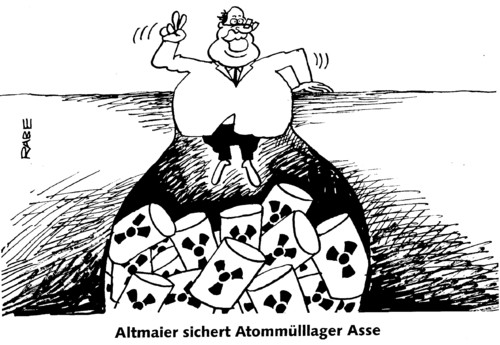 Cartoon: Ass im Ärmel (medium) by RABE tagged altmaier,umweltminister,atommülllager,asse,sicherheit,atommüll,endlager,energiewende,merkel,kanzlerin,cdu,röttgen,atommüllfässer,erdreich,verseuchung,stollen,altmaier,bundesumweltminister,merkel,röttgen,asse,energiewende,atommüll,atomlobby,atomausstieg,atomgegner