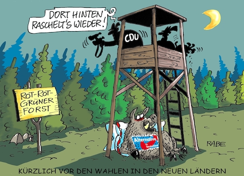 Cartoon: Auf der Jagd (medium) by RABE tagged landtagswahlen,neue,länder,ministerpräsidenten,thüringen,brandenburg,sachsen,afd,cdu,linke,grüne,rot,spd,rabe,ralf,böhme,cartoon,karikatur,pressezeichnung,farbcartoon,tagescartoon,hochsitz,jäger,jagd,wild,wildschwein,rechte,neonazis,wahlergebnis,akk,maaßen,landtagswahlen,neue,länder,ministerpräsidenten,thüringen,brandenburg,sachsen,afd,cdu,linke,grüne,rot,spd,rabe,ralf,böhme,cartoon,karikatur,pressezeichnung,farbcartoon,tagescartoon,hochsitz,jäger,jagd,wild,wildschwein,rechte,neonazis,wahlergebnis,akk,maaßen