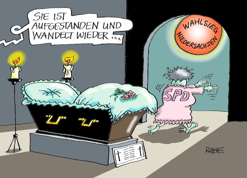 Cartoon: Auferstehung (medium) by RABE tagged niedersachsen,landtagswahl,weil,kopf,renne,spd,cdu,linke,grüne,afd,rabe,ralf,böhme,cartoon,karikatur,pressezeichnung,farbcartoon,tagescartoon,hannover,wahlsieg,auferstehung,wandlung,sarg,aufwind,niedersachsen,landtagswahl,weil,kopf,renne,spd,cdu,linke,grüne,afd,rabe,ralf,böhme,cartoon,karikatur,pressezeichnung,farbcartoon,tagescartoon,hannover,wahlsieg,auferstehung,wandlung,sarg,aufwind