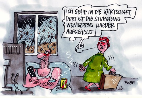 Cartoon: Aufgehellte Wirtschaft (medium) by RABE tagged couch,zigaretten,bier,fernbedienung,ehekrise,stimmungstreit,kälte,schlechtwettervariante,sturm,regen,fernseher,frau,mann,milliardenloch,haushaltskasse,börse,banken,einnahmen,wirtschaftsminister,kanzlerin,euro,bilanz,wachstum,konjunktur,aufschwung,wirtschaft,wirtschaft,aufschwung,konjunktur,wachstum,bilanz,euro,kanzlerin,wirtschaftsminister,einnahmen,banken,haushaltskasse,milliardenloch,fernseher