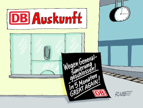 Cartoon: Auskunft (medium) by RABE tagged bahn,db,generalsanierung,streckensperrung,pendler,reisende,urlauber,vollsperrung,gleisbau,verspätung,schienenersatzverkehr,bus,zugausfall,rabe,ralf,böhme,cartoon,karikatur,pressezeichnung,farbcartoon,tagescartoon,auskunft,schalter,trump,bahn,db,generalsanierung,streckensperrung,pendler,reisende,urlauber,vollsperrung,gleisbau,verspätung,schienenersatzverkehr,bus,zugausfall,rabe,ralf,böhme,cartoon,karikatur,pressezeichnung,farbcartoon,tagescartoon,auskunft,schalter,trump