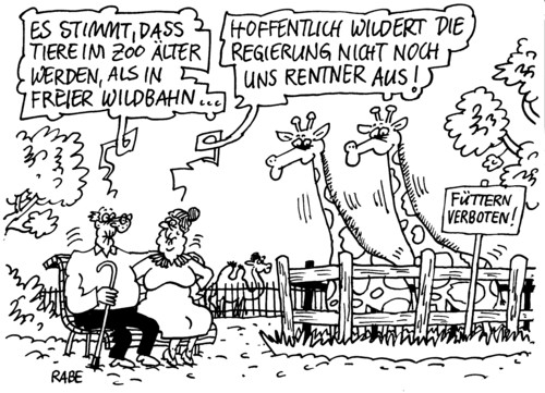 Cartoon: Auswilderung (medium) by RABE tagged fütterung,baum,amel,altersheim,tierpfleger,giraffe,käfig,tiergehege,gehege,auswildern,tierpark,zoo,frau,mann,ehepaar,bundesregierung,gehälter,löhne,krise,finanzen,geld,euro,rentenerhöhung,rentner,renten,rente,rentner,rentenalter,rentenerhöhung,arbeitministerin,bundesregierung,ankoppelung,gehälter,euro,bezüge,lebensabend,alter,gehalt,arbeit