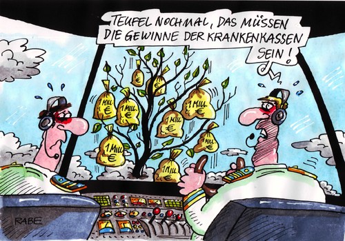 Cartoon: Bäume wachsen in den Himmel (medium) by RABE tagged krankenkassen,barmer,aok,krankenversicherung,krankenkassenpatienten,gewinn,überschuss,milliarden,geld,euro,geldsäcke,chefetagen,rücklage,auszahlung,cockpit,flugkapitän,flieger,airline,schaltknüppel,steuerknüppel,baum,bäume,himmel,wolken,flugbegleiter,gesundheitsministerium,versicherte,praxisgebühr,rekordreserven,beitragszahler,beitragsrückzahlung,kassenverband,gesundheitsfond,ärzte,krankenkassen,barmer,aok,krankenversicherung,krankenkassenpatienten,gewinn,überschuss,milliarden,geld,euro,geldsäcke,chefetagen,flugzeug