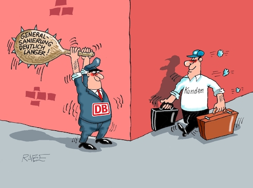 Cartoon: Bahnkeule (medium) by RABE tagged db,bahn,reisende,sanierung,bahnstrecke,bahnsahnierung,bahnkunde,gleisbett,service,rabe,ralf,böhme,cartoon,karikatur,pressezeichnung,farbcartoon,tagescartoon,verspätung,bahnsteig,keule,koffer,fahrplan,fahrzeiten,ecke,eckenwitz,schienennetz,db,bahn,reisende,sanierung,bahnstrecke,bahnsahnierung,bahnkunde,gleisbett,service,rabe,ralf,böhme,cartoon,karikatur,pressezeichnung,farbcartoon,tagescartoon,verspätung,bahnsteig,keule,koffer,fahrplan,fahrzeiten,ecke,eckenwitz,schienennetz