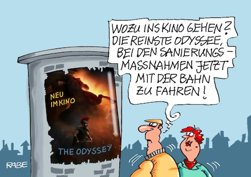 Cartoon: Bahnodyssee (medium) by RABE tagged merz,kanzler,koalition,union,spd,klingbeil,cartoon,karikatur,pressezeichnung,farbcartoon,tagescartoon,db,bahn,frühling,frühjahr,frühjahrsputz,ice,zug,blumenkasten,blumenkästen,esc,songcontest,bahnchefin,palla,bahnsanierung,sanierungsmaßnahme,reisende,verspätung,umleitung,zugausfall,schienenersatzverkehr,kino,film,blockbuster,hollywood,kultur,verkehr,merz,kanzler,koalition,union,spd,klingbeil,cartoon,karikatur,pressezeichnung,farbcartoon,tagescartoon,db,bahn,frühling,frühjahr,frühjahrsputz,ice,zug,blumenkasten,blumenkästen,esc,songcontest,bahnchefin,palla,bahnsanierung,sanierungsmaßnahme,reisende,verspätung,umleitung,zugausfall,schienenersatzverkehr,kino,film,blockbuster,hollywood,kultur,verkehr