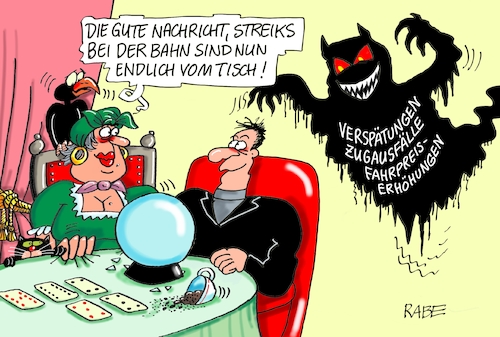 Cartoon: Bahnstreiks (medium) by RABE tagged db,dgl,tarif,tarifstreit,tarifverhandlungen,weselsky,bahnchefs,lohnforderungen,streik,rabe,ralf,böhme,cartoon,karikatur,pressezeichnung,fabcartoon,tagescartoon,wahrsagerin,zukunft,kater,kaffeesatz,bahnkunde,reisende,gespenst,horror,schreck,streiks,zugausfälle,verspätungen,fahrpreiserhöhung,db,dgl,tarif,tarifstreit,tarifverhandlungen,weselsky,bahnchefs,lohnforderungen,streik,rabe,ralf,böhme,cartoon,karikatur,pressezeichnung,fabcartoon,tagescartoon,wahrsagerin,zukunft,kater,kaffeesatz,bahnkunde,reisende,gespenst,horror,schreck,streiks,zugausfälle,verspätungen,fahrpreiserhöhung