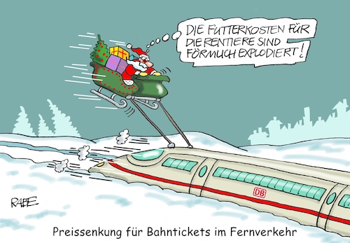 Cartoon: Bahnticket To Ride (medium) by RABE tagged klimawandel,umwelt,umweltministerin,schulze,sp,klimapreis,heizung,auto,rabe,ralf,böhme,cartoon,karikatur,pressezeichnung,farbcartoon,tagescartoon,brücke,bettler,verkehr,klimaprämie,friday,for,future,klimapaket,db,deutsche,bahn,preissenkung,bahntickets,fernverkehr,weihnachten,weihnachtsmann,rentiere,futterkosten,schlitten,geschenke,weihnachtsbaum,klimawandel,umwelt,umweltministerin,schulze,sp,klimapreis,heizung,auto,rabe,ralf,böhme,cartoon,karikatur,pressezeichnung,farbcartoon,tagescartoon,brücke,bettler,verkehr,klimaprämie,friday,for,future,klimapaket,db,deutsche,bahn,preissenkung,bahntickets,fernverkehr,weihnachten,weihnachtsmann,rentiere,futterkosten,schlitten,geschenke,weihnachtsbaum