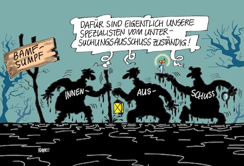 Cartoon: Bamf Sumpf (medium) by RABE tagged ausländerbehörde,bamf,fingerabdruck,fingerabdrucknahme,lupe,zeichner,rabe,ralf,böhme,cartoon,karikatur,pressezeichnung,farbcartoon,tagescartoon,flüchtlinge,bewilligung,bewilligungsbescheid,sumpf,seehofer,untersuchungsausschuß,innenausschuß,jutta,cordt,präsidentin,affäre,aufklärung,ausländerbehörde,bamf,fingerabdruck,fingerabdrucknahme,lupe,zeichner,rabe,ralf,böhme,cartoon,karikatur,pressezeichnung,farbcartoon,tagescartoon,flüchtlinge,bewilligung,bewilligungsbescheid,sumpf,seehofer,untersuchungsausschuß,innenausschuß,jutta,cordt,präsidentin,affäre,aufklärung