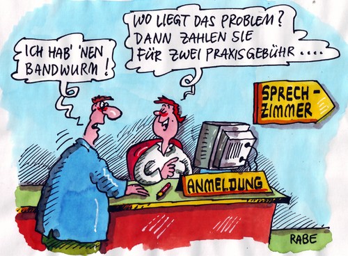 Cartoon: Bandwurm (medium) by RABE tagged praxisgebühr,euro,krise,arzt,arzthelferin,sprechzimmer,sprechstunde,sprechstundenhilfe,rezeption,aufnahme,anmeldung,krankenkasse,krankenversicherung,zuzahlung,chipkarte,aok,barmer,rechner,computer,mann,frau,patient,bandwurm,bandwurmkur,darm,parasiten,bezahlung,rechnung,doktor,darmspiegelung,arznei,rezept,medizin,mediziner,praxisgebühr,euro,krise,arzt,arzthelferin,sprechstunde,sprechzimmer,rezeption,aufnahme,krankenversicherung,krankenkasse,anmeldung,chipkarte,barmer,aok,computer