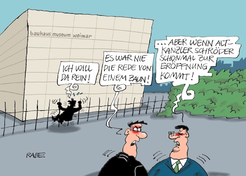 Cartoon: Bauhaus museum eröffnung (medium) by RABE tagged bauhaus,weimar,thüringenbratwurst,einhundert,jahre,jubiläum,dessau,rabe,ralf,böhme,cartoon,karikatur,pressezeichnung,farbcartoon,tagescartoon,bratwürst,semmel,brötchen,senf,walter,gropius,bauhausmuseum,eröffnung,zaun,gitterzaun,hochzeit,ehrengäste,altkanzler,gerhard,schröder,geburtstag,geburtstagsfeier,fünfundsiebzig,bauhaus,weimar,thüringenbratwurst,einhundert,jahre,jubiläum,dessau,rabe,ralf,böhme,cartoon,karikatur,pressezeichnung,farbcartoon,tagescartoon,bratwürst,semmel,brötchen,senf,walter,gropius,bauhausmuseum,eröffnung,zaun,gitterzaun,hochzeit,ehrengäste,altkanzler,gerhard,schröder,geburtstag,geburtstagsfeier,fünfundsiebzig