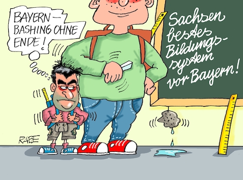 Cartoon: Bayern Bashing (medium) by RABE tagged bildung,bildungssystem,vergleich,bundesländer,sachsen,bayern,söder,sieger,pisa,rabe,ralf,böhme,cartoon,karikatur,pressezeichnung,farbcartoon,tagescartoon,lehrer,schulranzen,schultafel,kreide,wettbewerb,leistungsvergleich,bildung,bildungssystem,vergleich,bundesländer,sachsen,bayern,söder,sieger,pisa,rabe,ralf,böhme,cartoon,karikatur,pressezeichnung,farbcartoon,tagescartoon,lehrer,schulranzen,schultafel,kreide,wettbewerb,leistungsvergleich