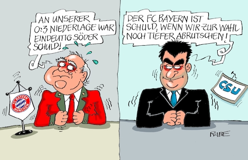 Cartoon: Bayerndebakel (medium) by RABE tagged markus,söder,csu,bayern,münchen,landesvorsitzender,horst,seehofer,merkel,cdu,union,streit,unionstreit,asylstreit,ultimatum,grenze,zurückweisung,flüchtlinge,bayernwahl,landtagswahl,oktoberfest,umfragewerte,wähler,stimmverlust,umfragetief,afd,groko,berlin,schuldzuweisung,hoeneß,frc,niederlage,fußball,bundesliga,tor,markus,söder,csu,bayern,münchen,landesvorsitzender,horst,seehofer,merkel,cdu,union,streit,unionstreit,asylstreit,ultimatum,grenze,zurückweisung,flüchtlinge,bayernwahl,landtagswahl,oktoberfest,umfragewerte,wähler,stimmverlust,umfragetief,afd,groko,berlin,schuldzuweisung,hoeneß,frc,niederlage,fußball,bundesliga,tor