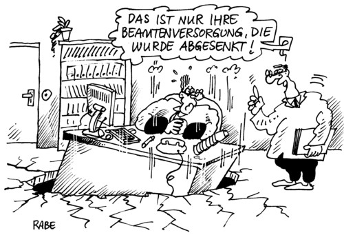 Cartoon: Beamtenversorgung (medium) by RABE tagged beamten,beamtenversorgung,beamtenbezüge,beamtengesetz,büro,firma,schreibtisch,pc,rechner,thermoskanne,kaffee,telefon,angestellter,akten,ordner,regal,absenkung,erdrutsch,einbruch,risse,fußboden,betondecke,durchbruch,gefahr,unfall,einsturz,ärmelschoner,euro,krise,gehalt,gehaltskürzung,beamtenapparat,pension,vorruhestand,abgeordnete,politiker,buchhalter,buchhaltung,beamten,beamtenversorgung,büro,firma,beamtengesetz,beamtenbezüge,schreibtisch,pc,rechner